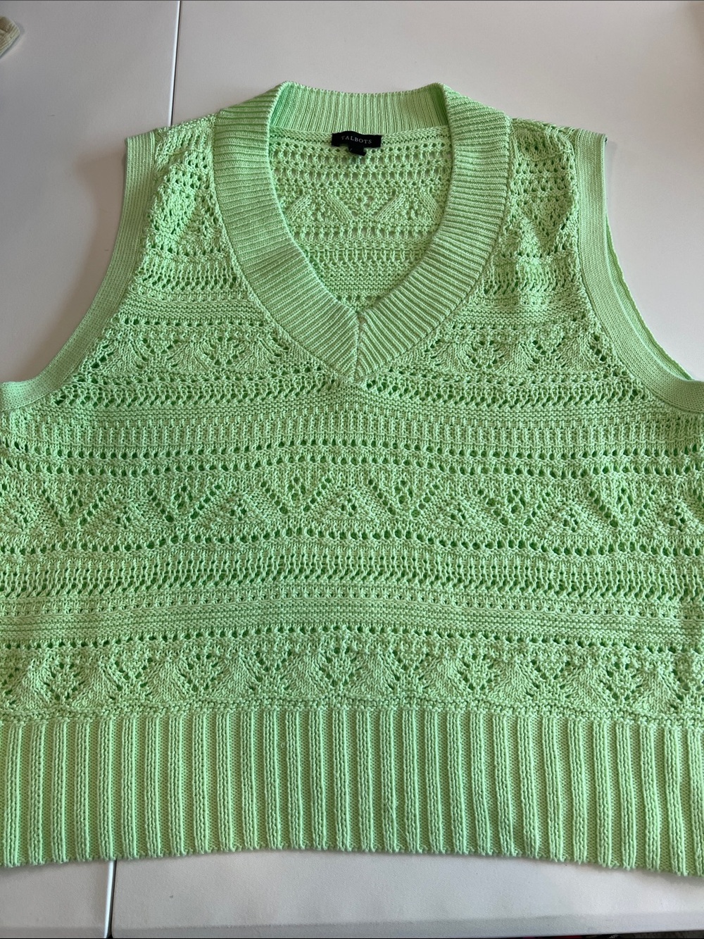 Talbots - small, Light Mint Green Open-Knit V-Neck Sweater Vest